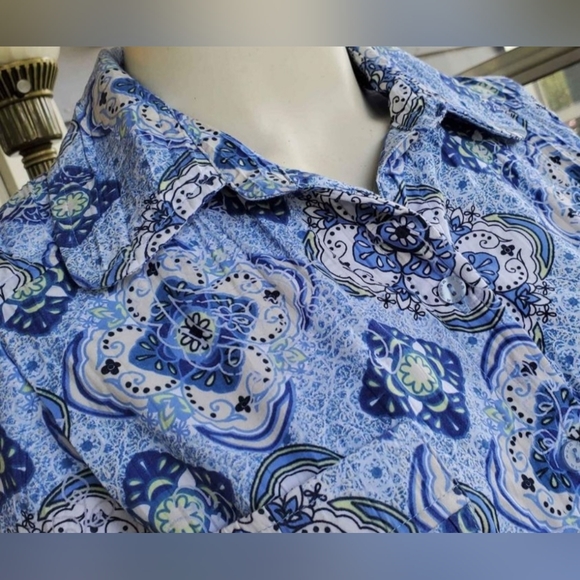 VTG 90s Alia Petite Blue Floral Geometric 3/4 Sleeves Buttons Up Shirt Top 8P - Picture 4 of 7